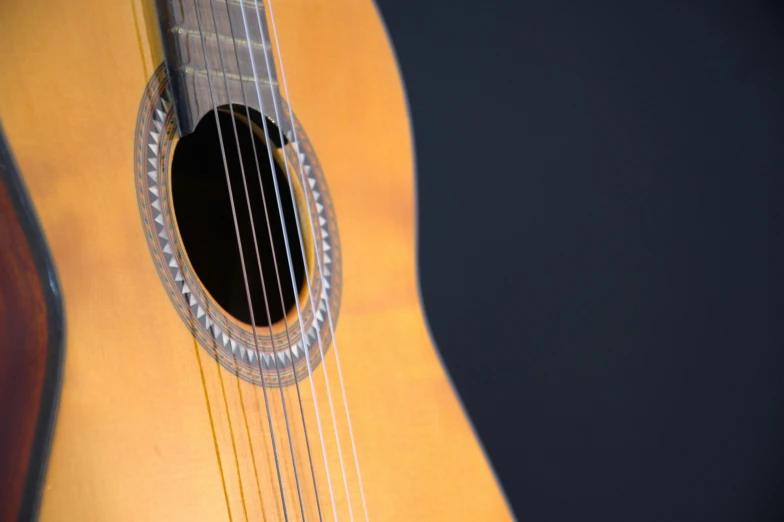 a yellow acoustic guitar in black background