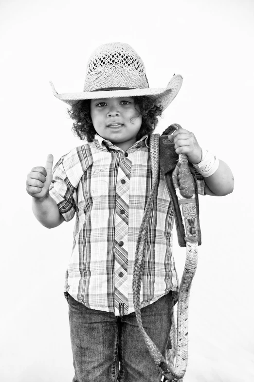 a little boy wearing a hat holding onto his belt