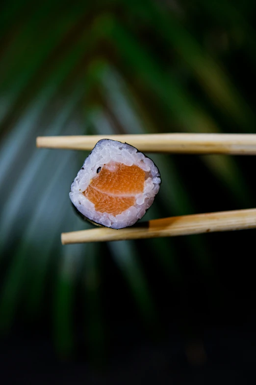 two chopsticks with some sushi being held by them