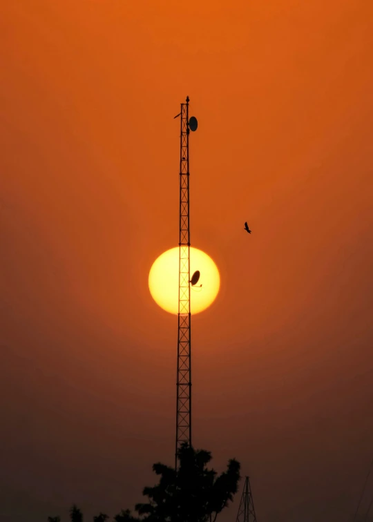 the sun is setting over a tall tower with two birds