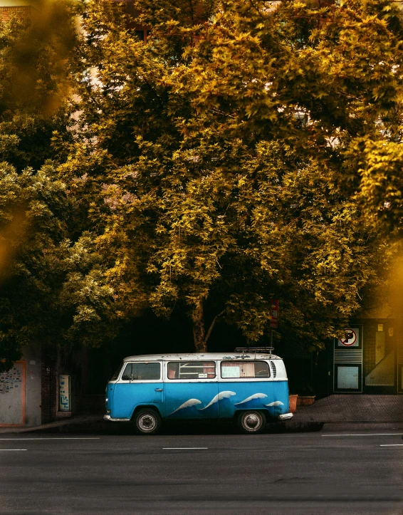 a blue and white van parked on the side of the road