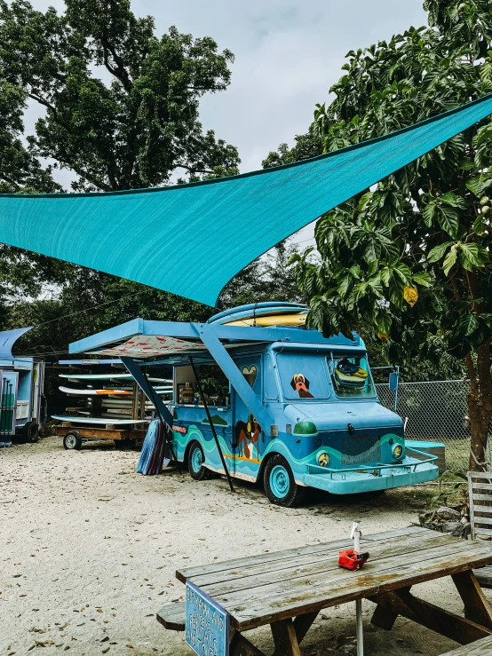 two food trucks with a tarp dd over them