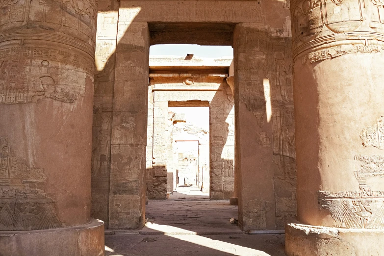 many tall columns and carvings inside of an egyptian building