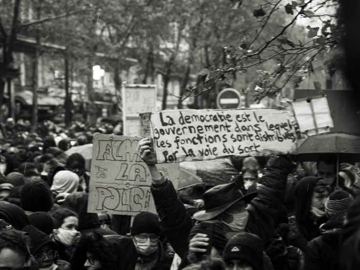 black and white image of protestors during a demonstration