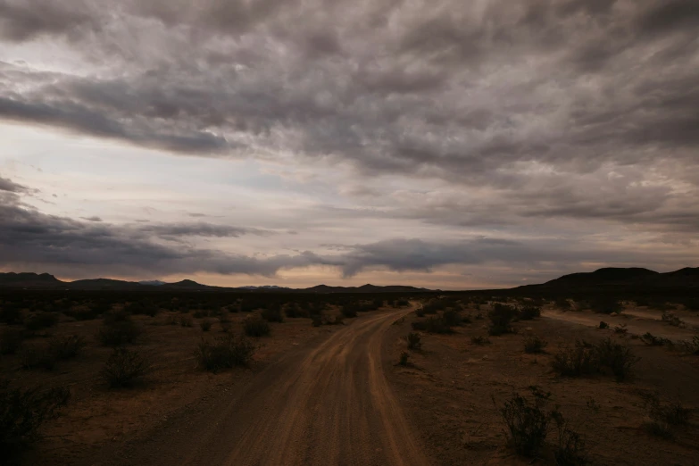 an open field with dirt and trees under cloudy skies