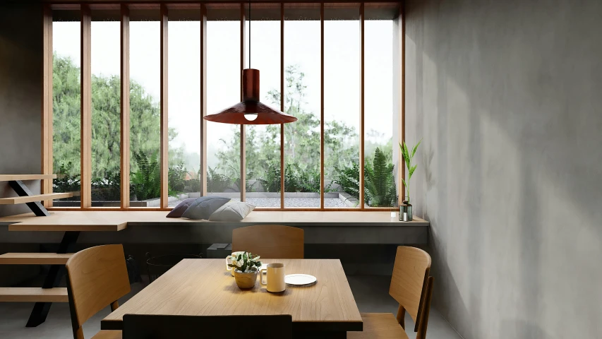 a table and chairs in a room with large windows