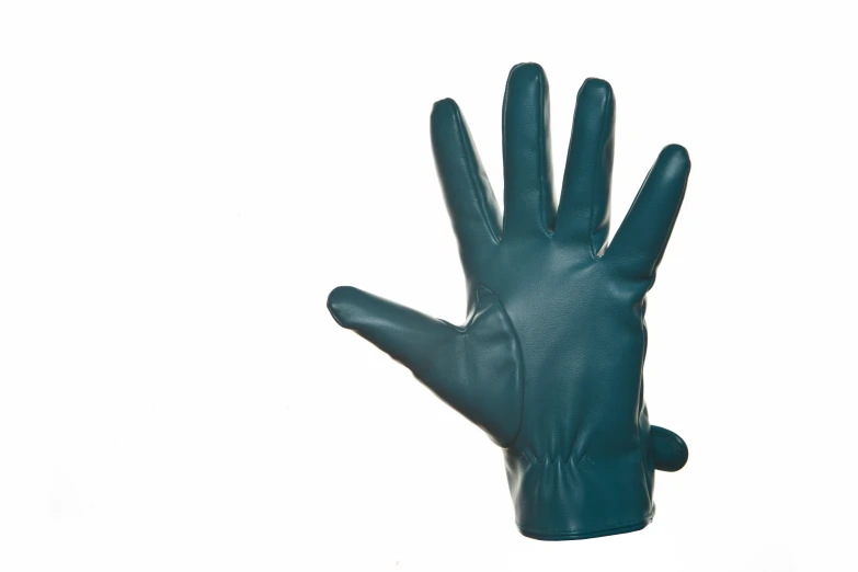 the image of someones hand in leather glove is white and has green fingers
