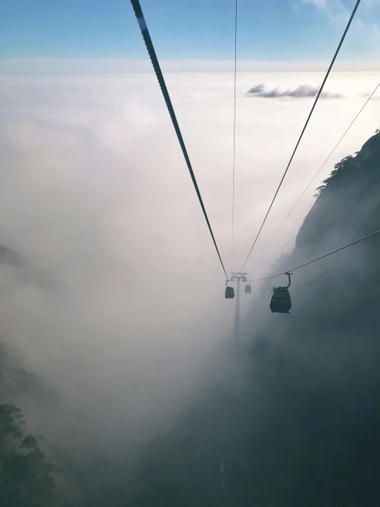 a very long and scary lift in a thick foggy mountain