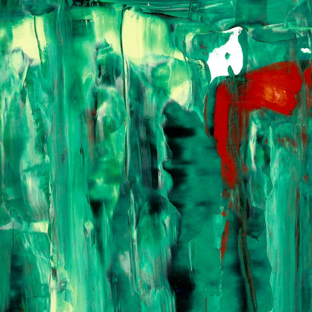 an abstract painting of red and green with an abstract horse