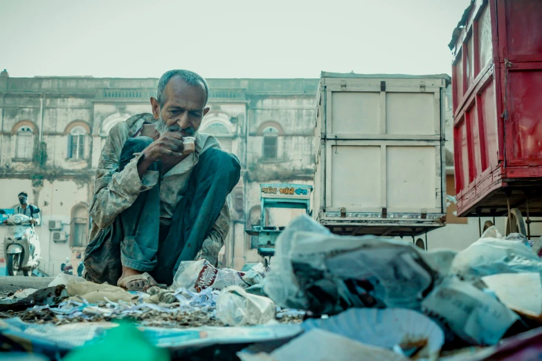 a man is standing near the garbage heap and holding soing in his hands