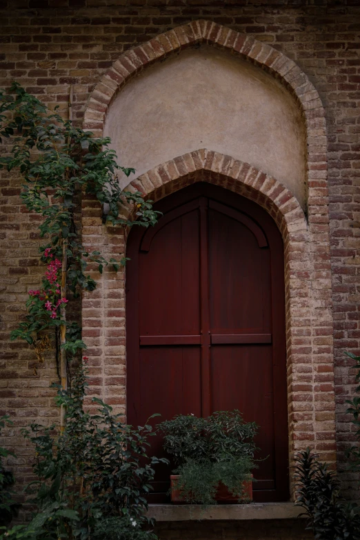 the red wooden door is in the stone wall with plants and flowers