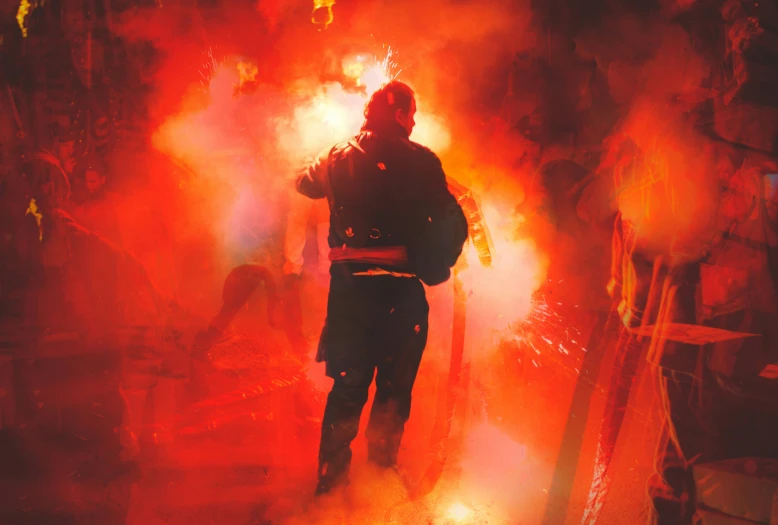 an image of a firework man surrounded by red smoke