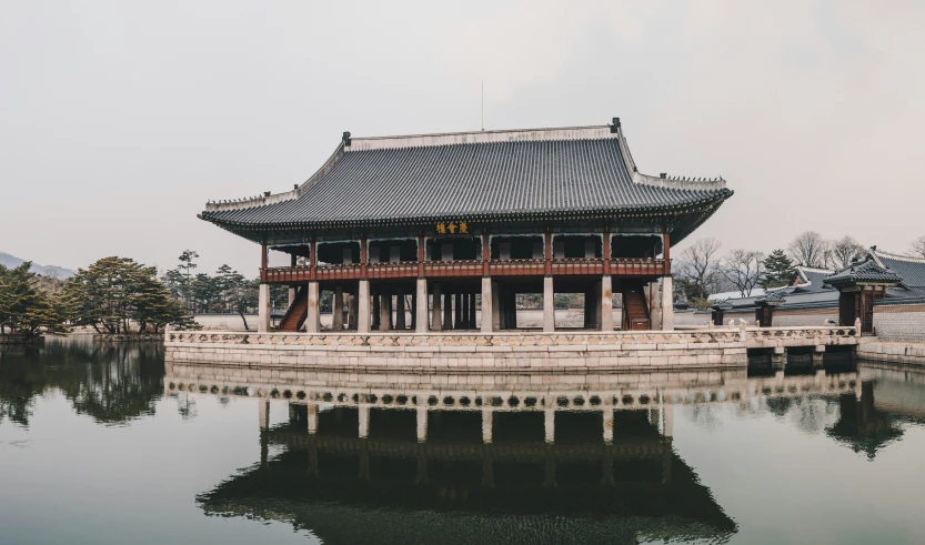 an asian building that is next to the water