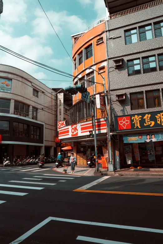 street view of an asian street corner on a cloudy day