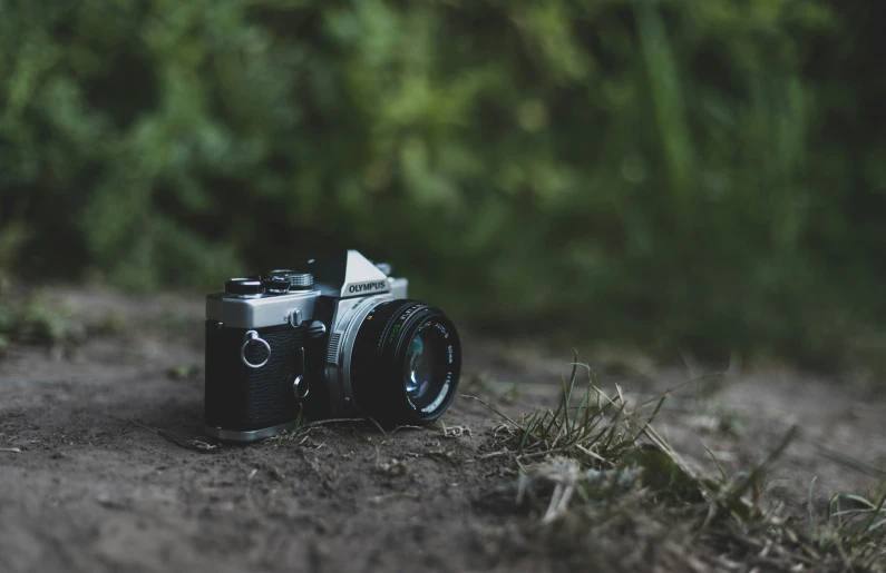 a camera that is sitting in the dirt
