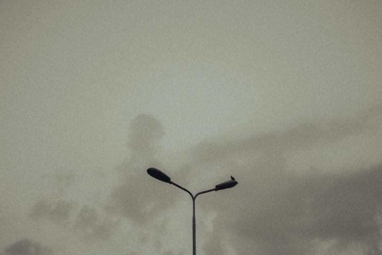 two street lights standing against a dark cloudy sky
