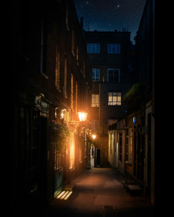 the city street is dimly lit by the street lights