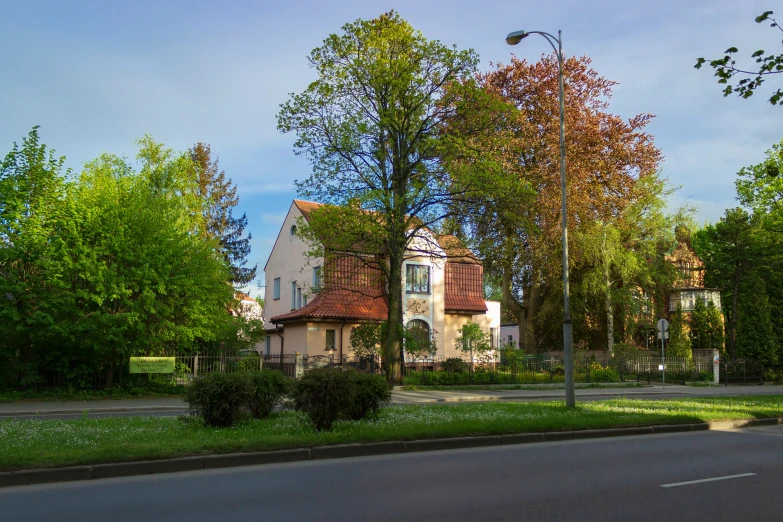 some houses and trees near a street