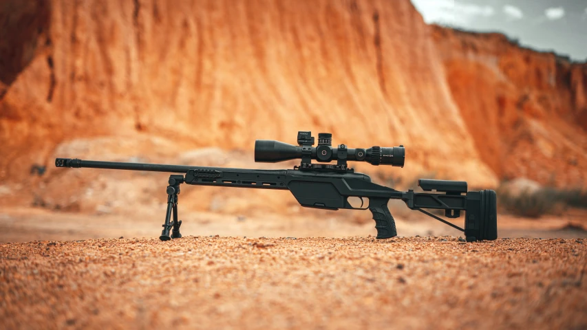 rifle mounted on top of a black scope mounted to the side of the rifle