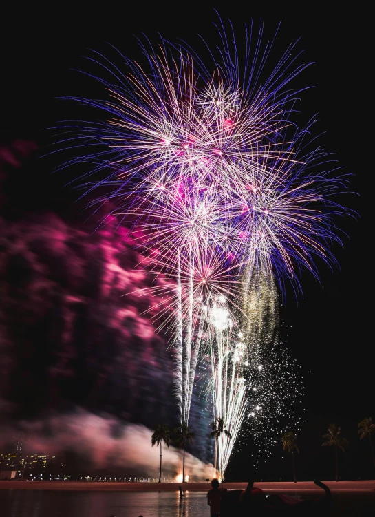 colorful fireworks with people standing on a beach at night