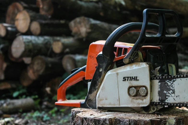 a chainsaw resting on top of a log