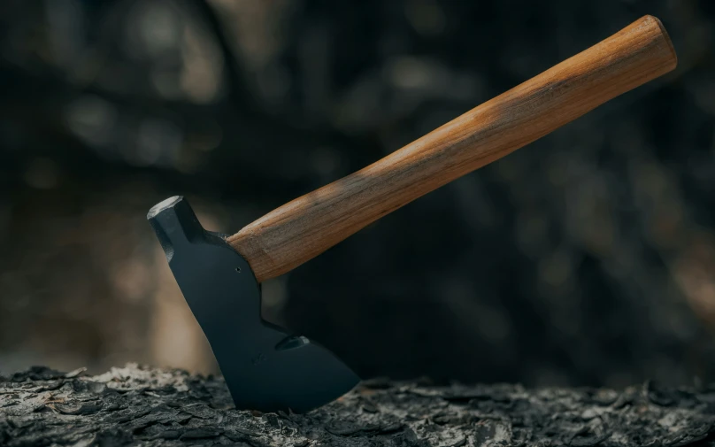 an old axe with wooden handle on it in the mud