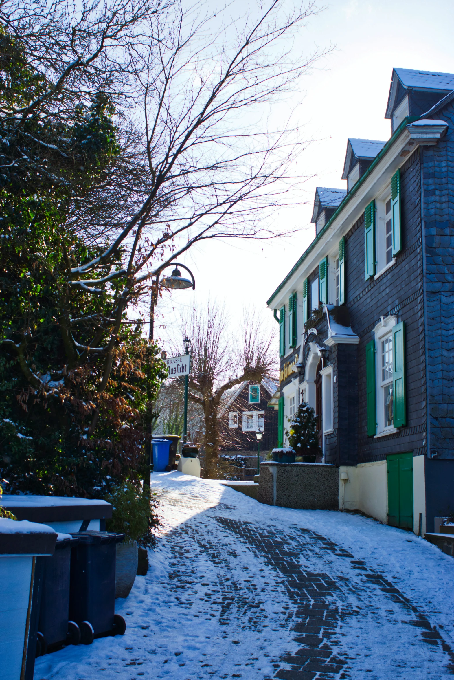 a snow covered street has green shutters and windows