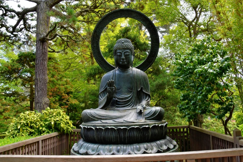 a buddha statue with circular frame in a wooden park