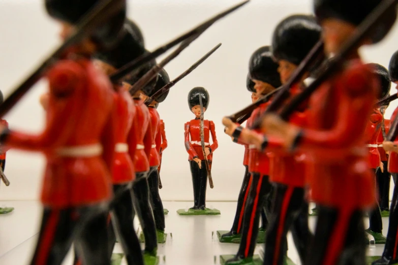 toy soldiers lined up for display in a toy store