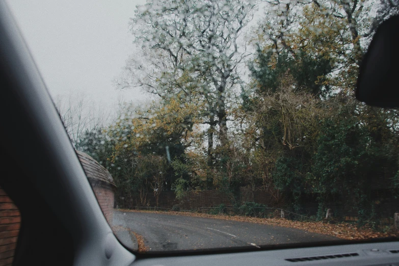 a view out a car window at a road surrounded by trees