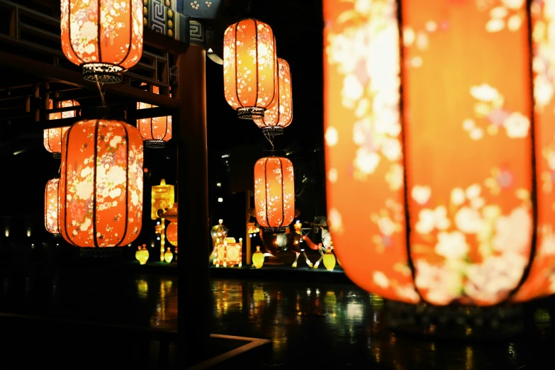 asian lamps on display with blurred background