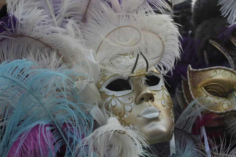 two masks sitting side by side, each with feathers