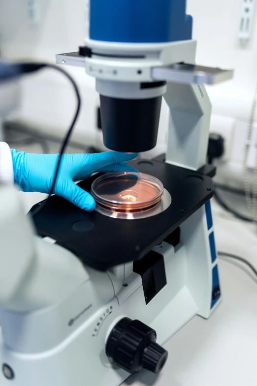 a person wearing gloves working with a microscope