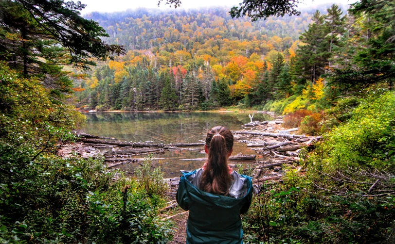 the girl is looking at the mountains through trees