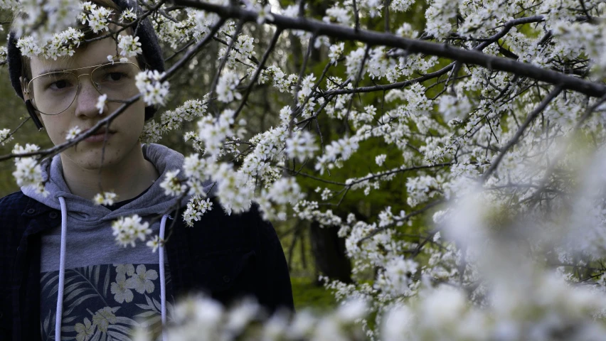 a child with a blindfold stands between some trees