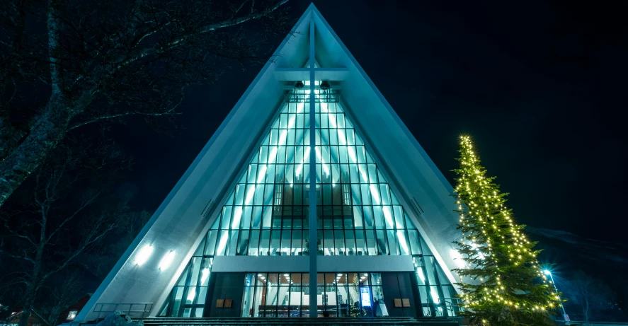 a very tall building has a lit christmas tree in front