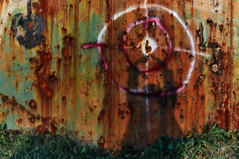 graffiti on the side of a rusted metal fence