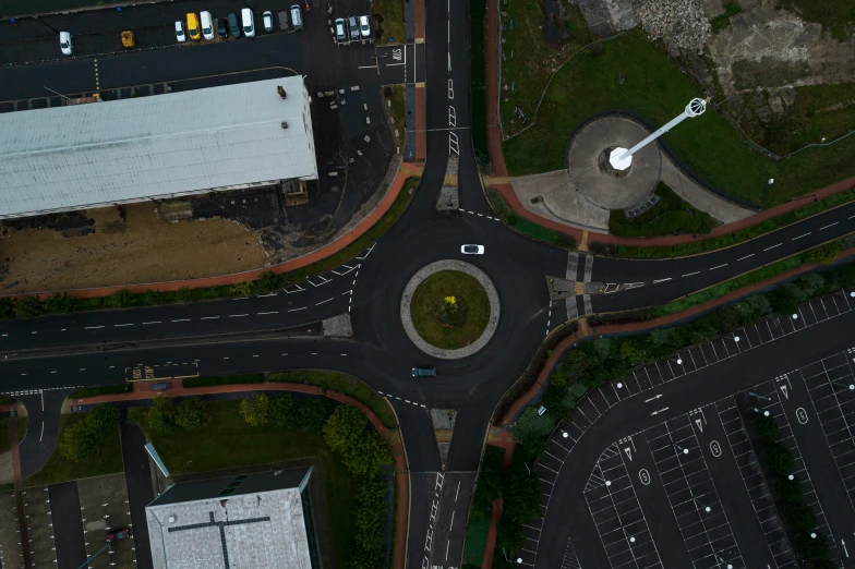 an aerial view of a street intersection in a large city