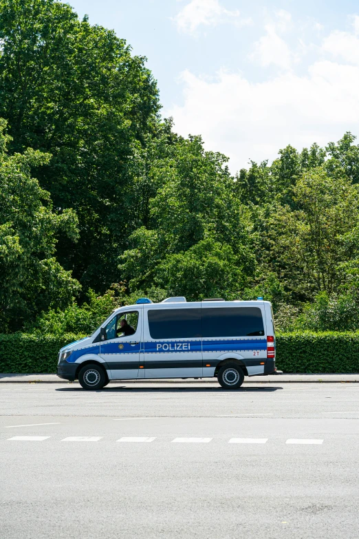 a blue and white van parked in front of some trees