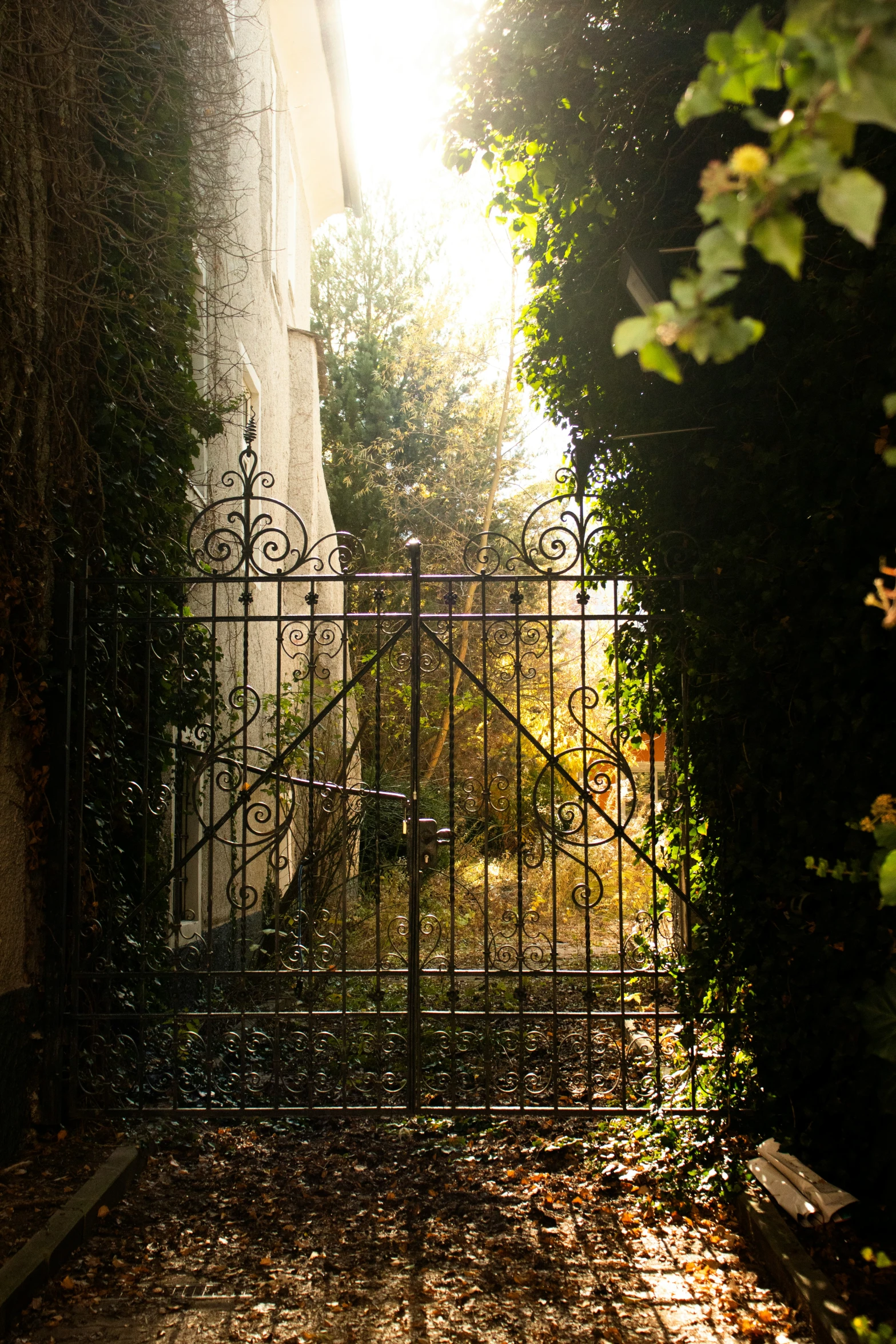 an open gate and some trees next to a building