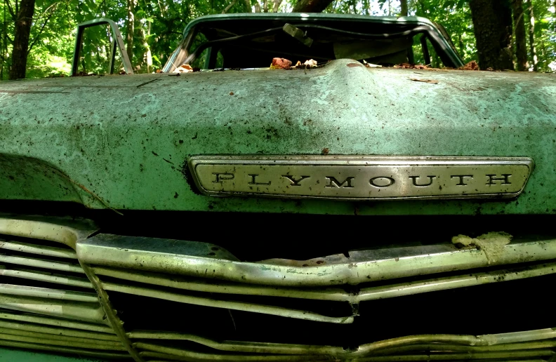 there is a faded green car sitting in the woods