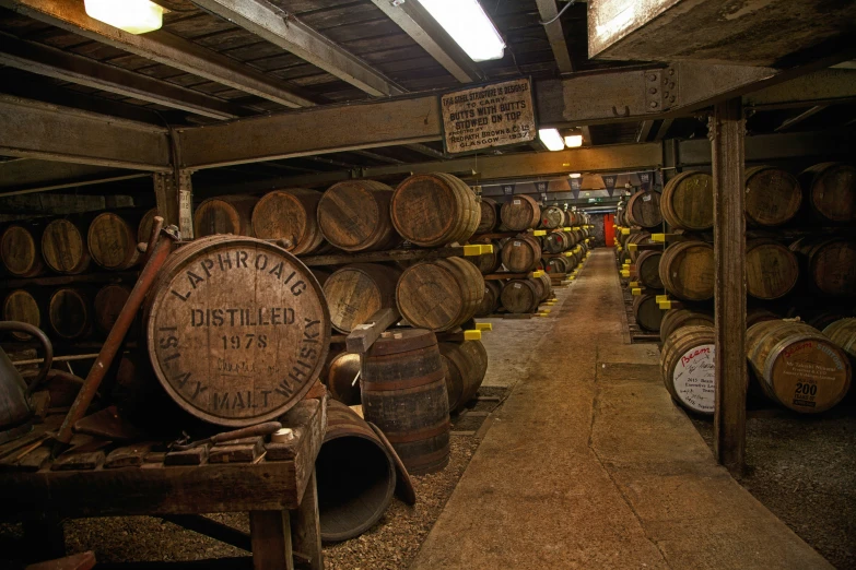 barrels stacked in a cellar with a few bottles