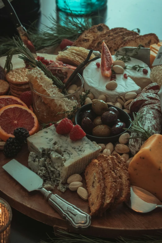 a large wooden tray filled with various foods