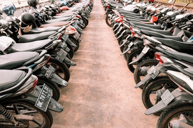 rows of motorcycles parked next to each other