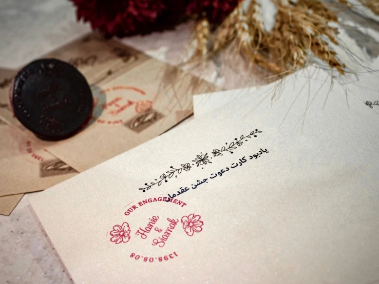 two envelopes with chinese writing next to a flower