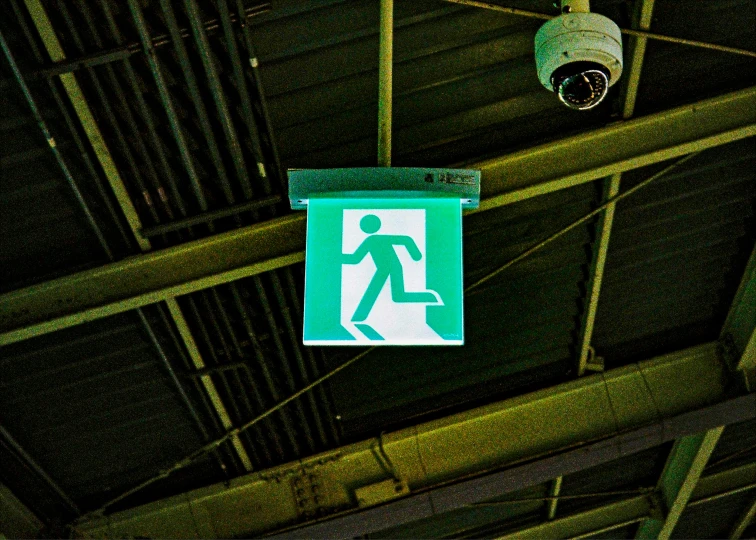 an overhead po of a pedestrian sign with a camera hanging on the ceiling