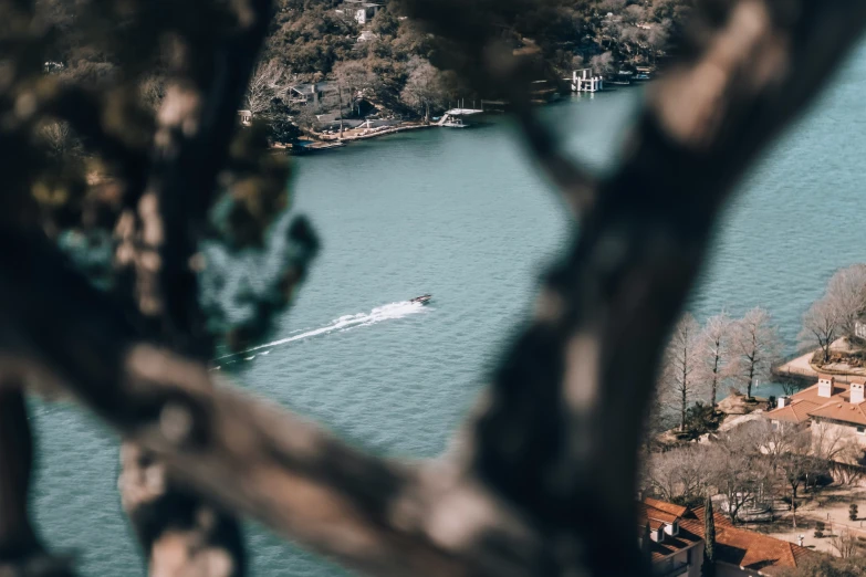 water skimming with buildings behind the trees in this aerial po