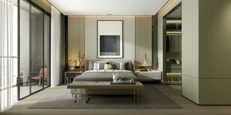a clean, contemporary looking bedroom with a large mirror