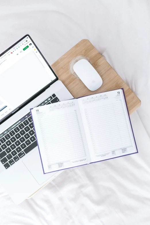 a laptop computer, a mouse and open journal sitting on top of bed