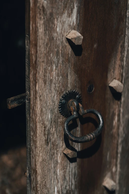 closeup of a metal ring at the bottom of a door handle